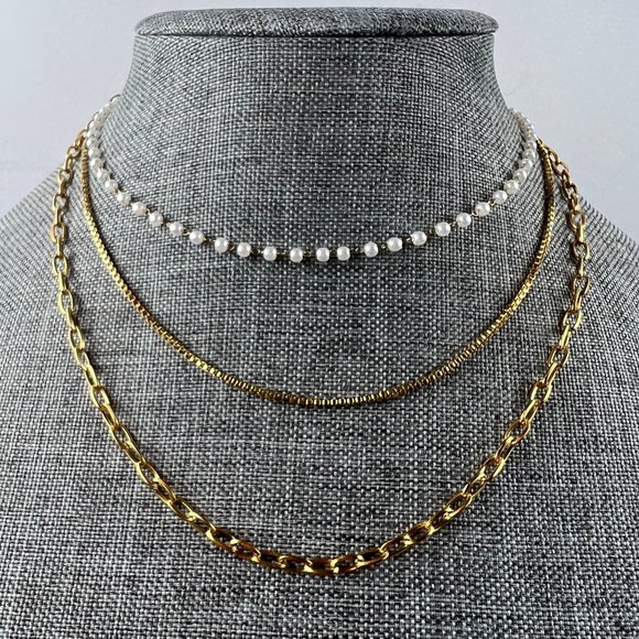 3 Layer Pearl Necklace Three Layer Pearl Necklace Gold Layered Chain Necklace - Picture 7 of 13